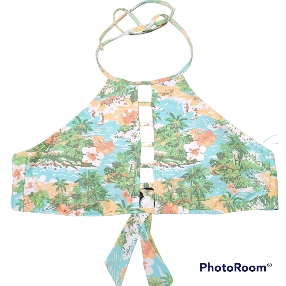 Mynah‎ Green Multicolor Tropical Floral High Neck Halter Tie Bikini Swim Top L